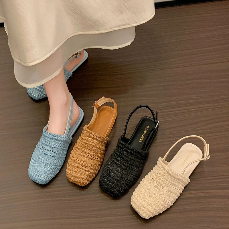 編みスクエアトゥバックストラップフラットサンダル｜通気性ナチュラルシューズ｜ブラウンの商品イメージ