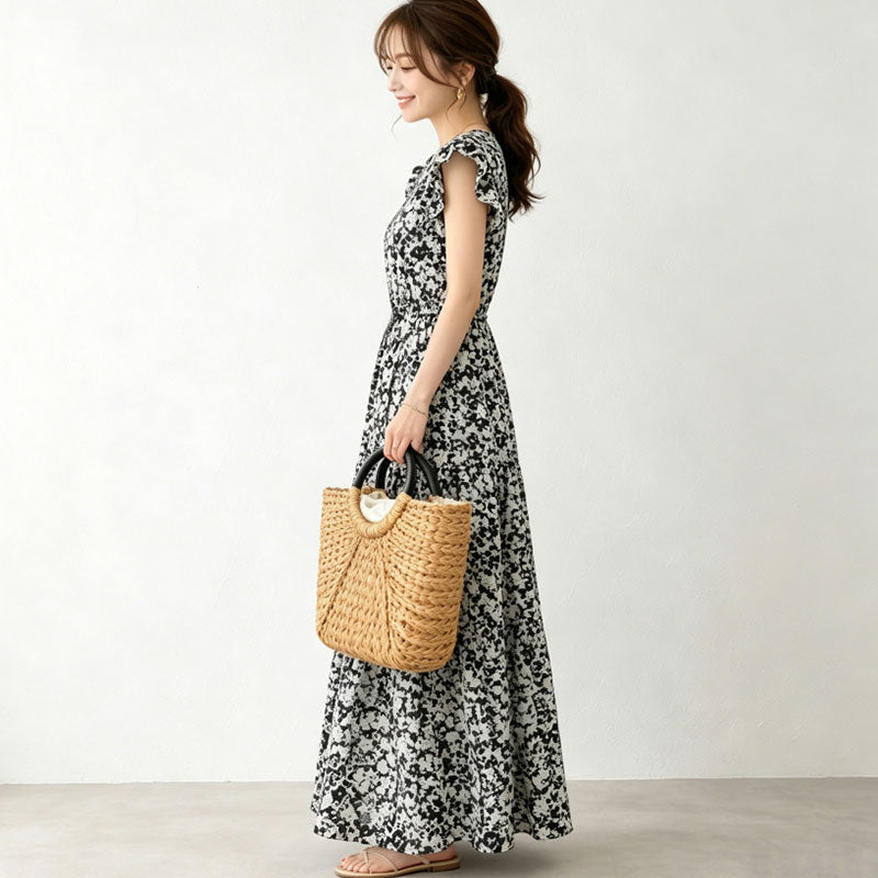 花柄フレンチ袖ロングワンピース｜マキシワンピースの商品イメージ