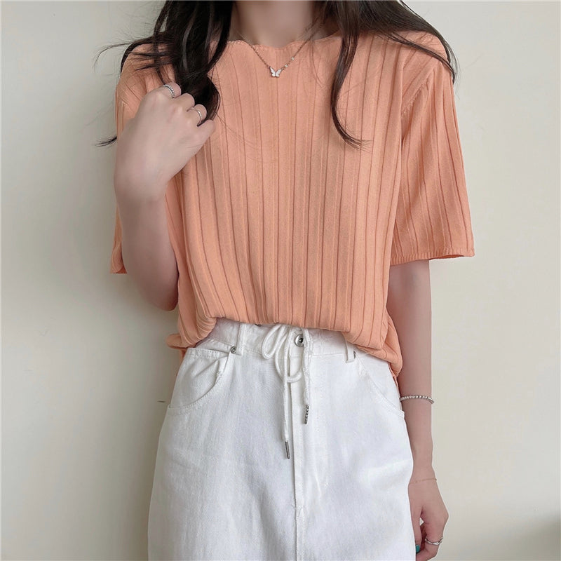 ストライプ無地半袖ニット｜Tシャツ｜ピンクの商品イメージ