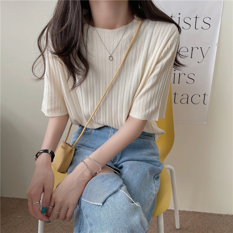 ストライプ無地半袖ニット｜Tシャツ｜アプリコットの商品イメージ