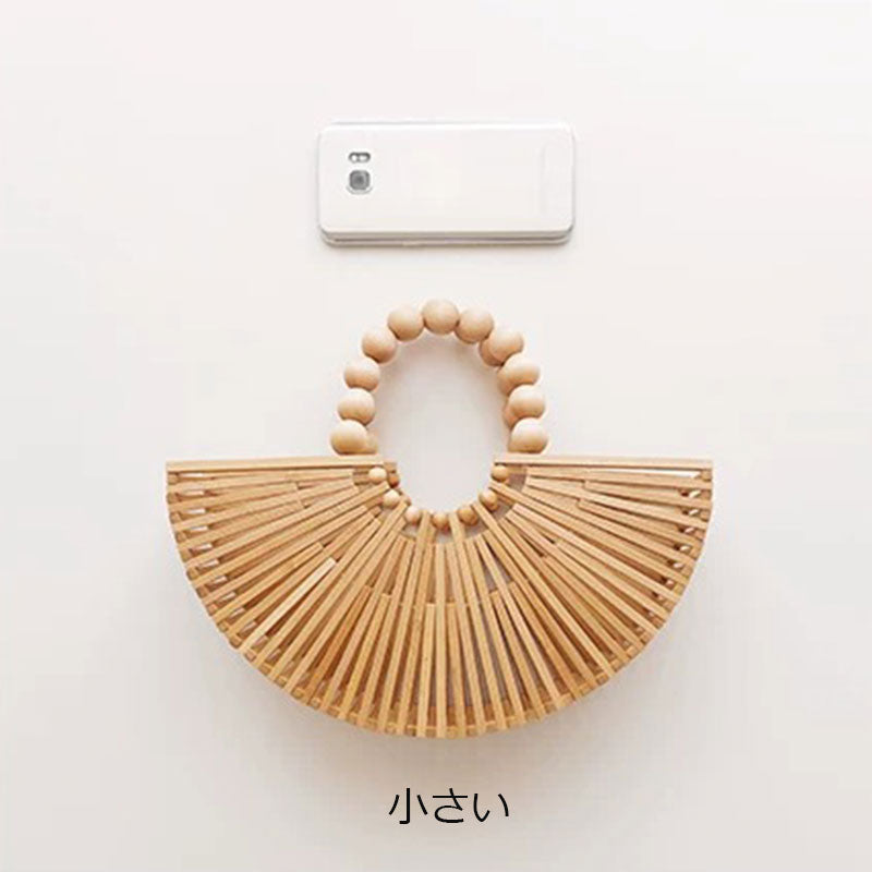 扇型竹バッグ｜木玉ハンドル編みかごハンドバッグの商品イメージ