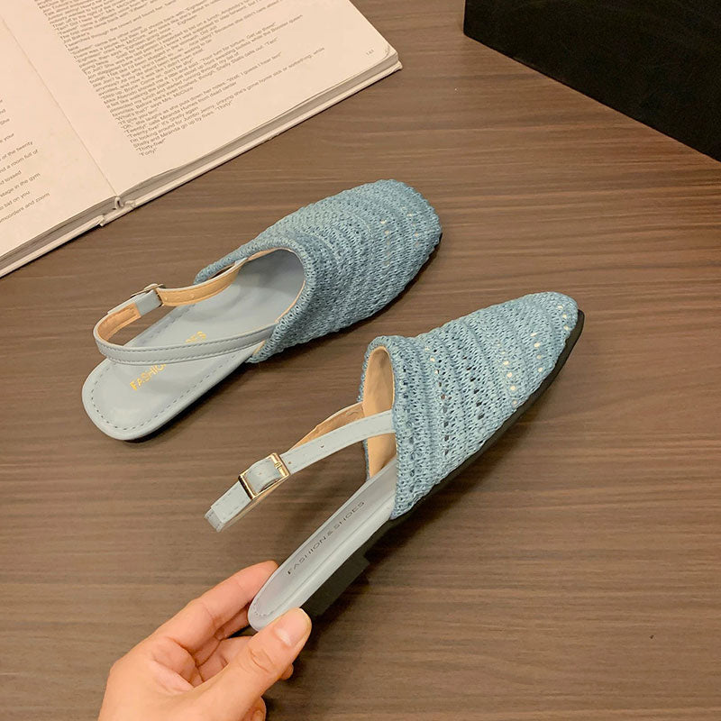 編みスクエアトゥバックストラップフラットサンダル｜通気性ナチュラルシューズ｜ブラックの商品イメージ