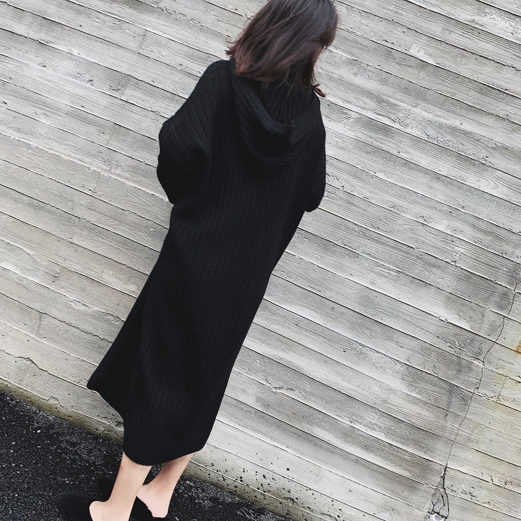 フード付きストライプニット長袖ワンピースの商品イメージ