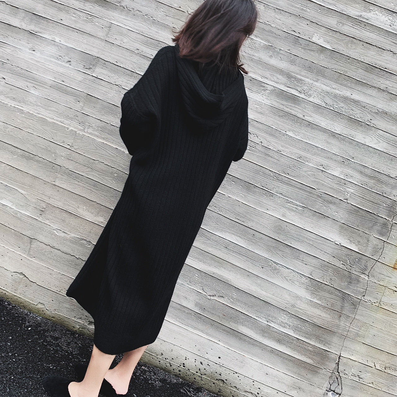 フード付きストライプニット長袖ワンピースの商品イメージ