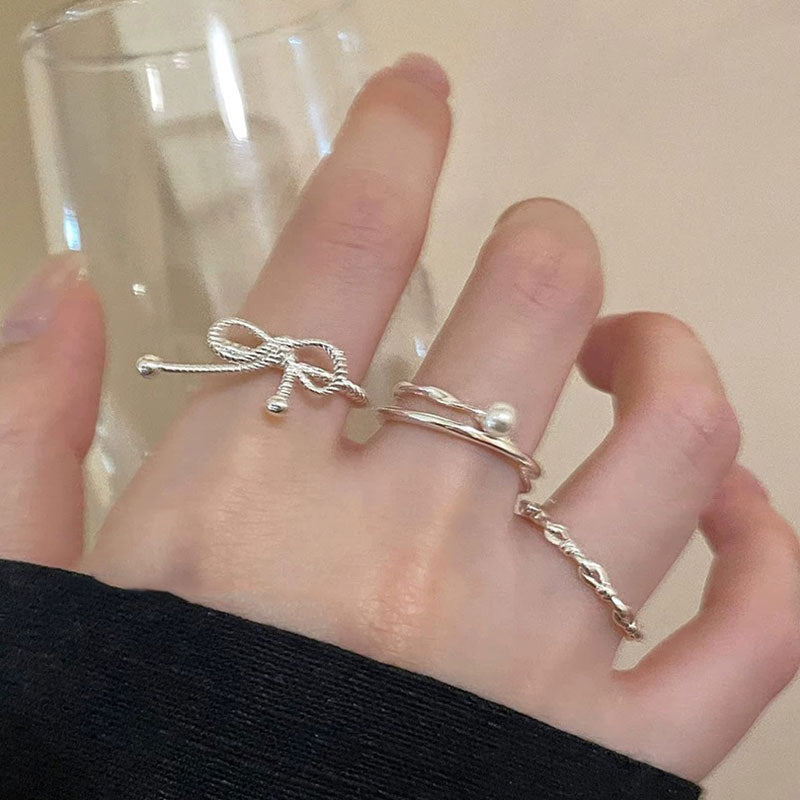 3本組リング｜セットリボン・パール・チェーンシルバーカラー可愛いアクセサリー｜画像カラーの商品イメージ