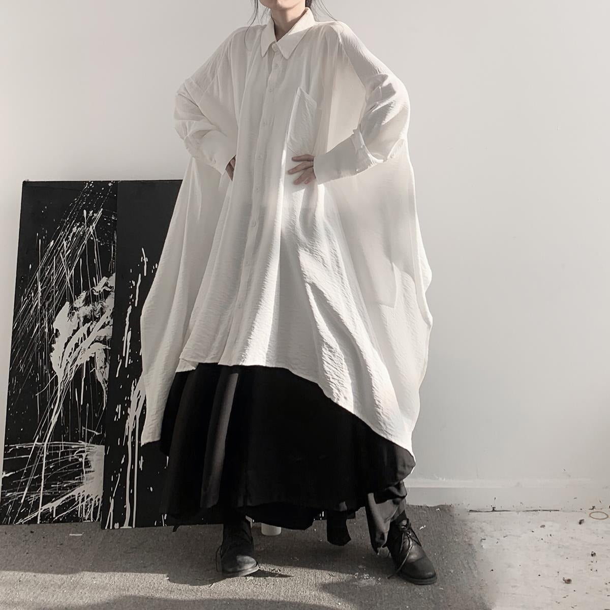 不規則デザイン無地ロングシャツ＆スカートセットアップ｜ブラックの商品イメージ