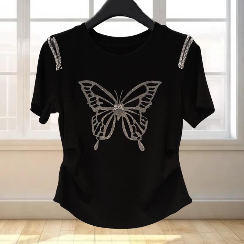半袖ビーズ付き蝶々プリントTシャツ｜トップス｜グレーの商品イメージ