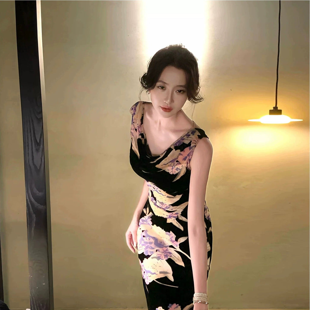 花柄ワンピース｜ノースリーブマーメイドラインロング丈花柄大人パーティー結婚式ワンピース｜画像カラーの商品イメージ