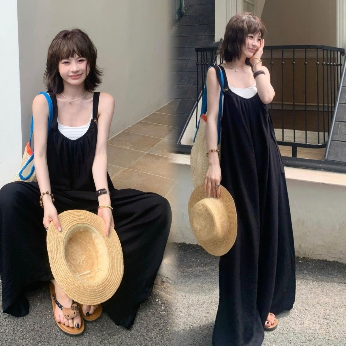 サロペット｜ワイドパンツ無地オーバーオール｜カーキの商品イメージ