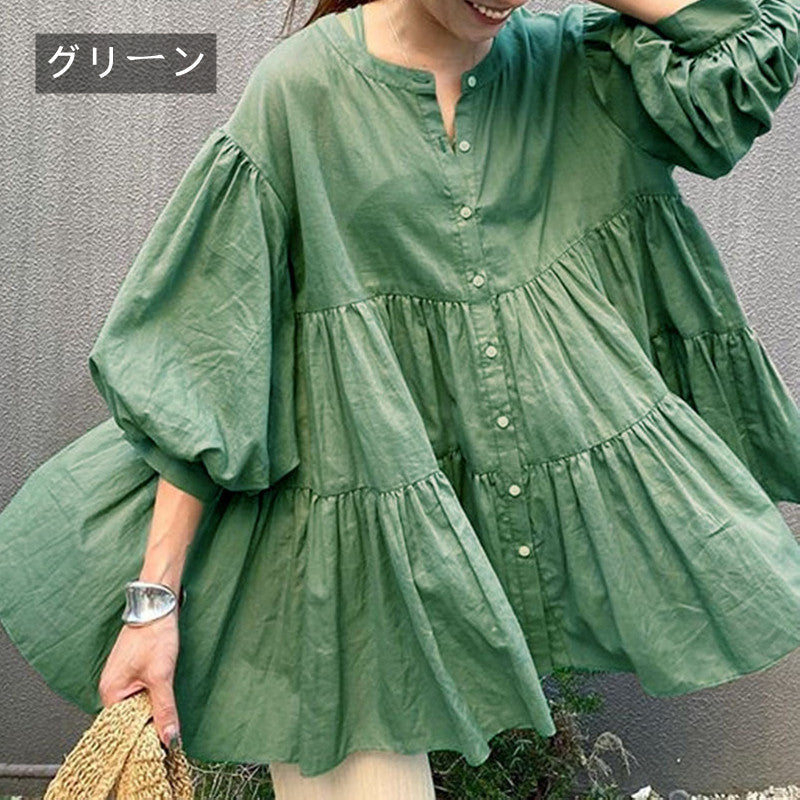フリル裾パフスリーブブラウス｜トップス｜グリーンの商品イメージ