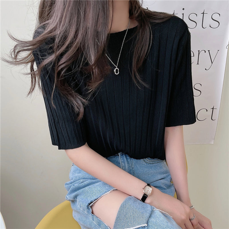 ストライプ無地半袖ニット｜Tシャツ｜ホワイトの商品イメージ