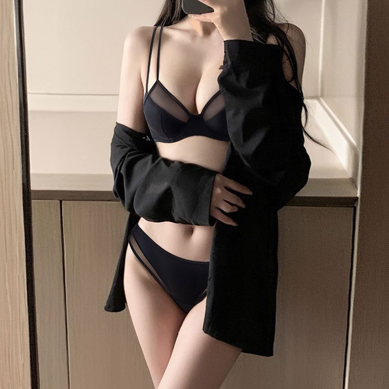 ブラジャー＆ショーツセットブラックホワイトメッシュ透け感細肩ひも｜ブラックの商品イメージ