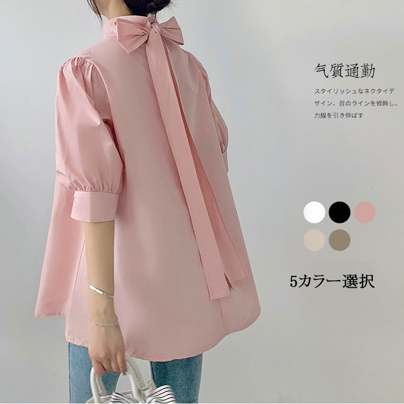 ボウタイ無地ブラウス｜シャツトップス2スタイル｜ピンクの商品イメージ