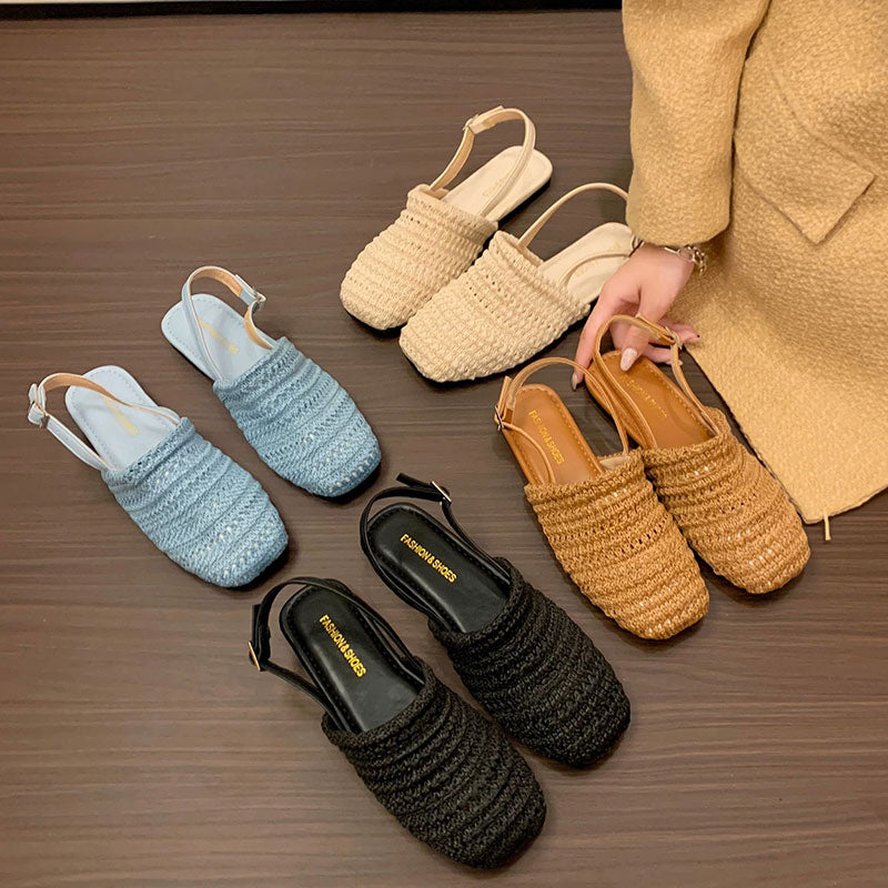 編みスクエアトゥバックストラップフラットサンダル｜通気性ナチュラルシューズ｜ブラックの商品イメージ