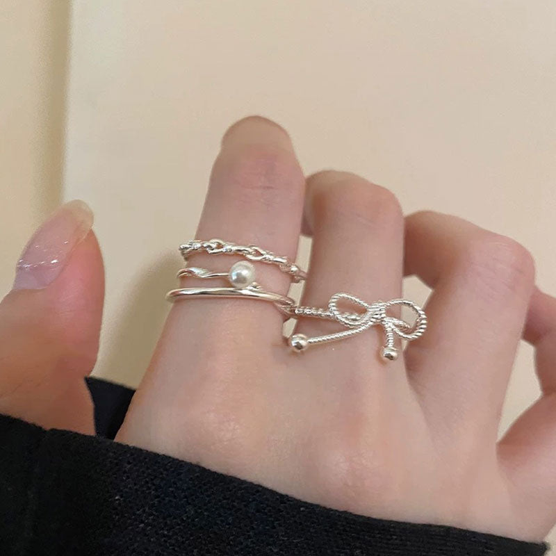 3本組リング｜セットリボン・パール・チェーンシルバーカラー可愛いアクセサリーの商品イメージ