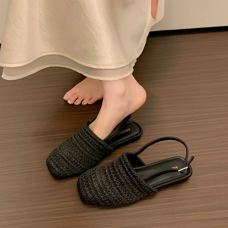 編みスクエアトゥバックストラップフラットサンダル｜通気性ナチュラルシューズ｜ブラックの商品イメージ