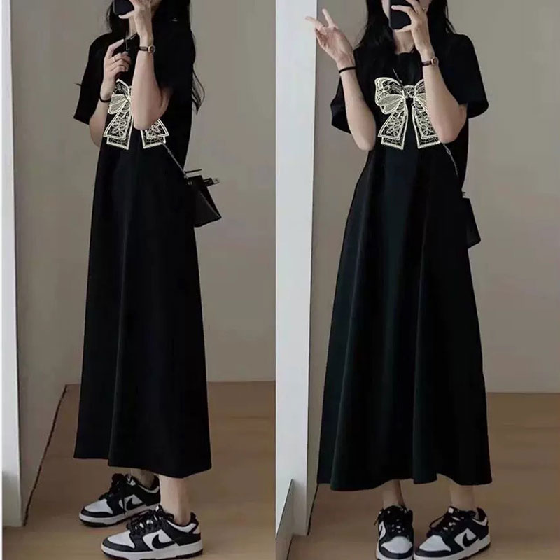 蝶結びプリント半袖Tシャツワンピース｜ワンピース｜グレーの商品イメージ