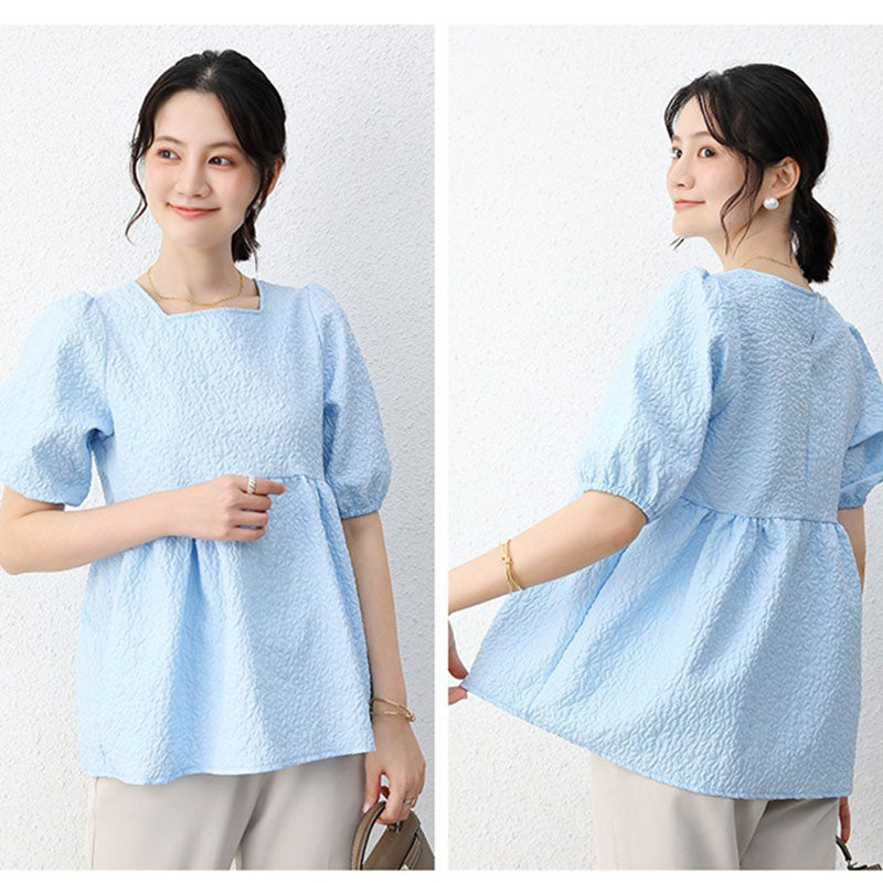 2ネックスタイルパフスリーブけだるい風ブラウス｜トップス｜ブラック／スクエアカラーの商品イメージ