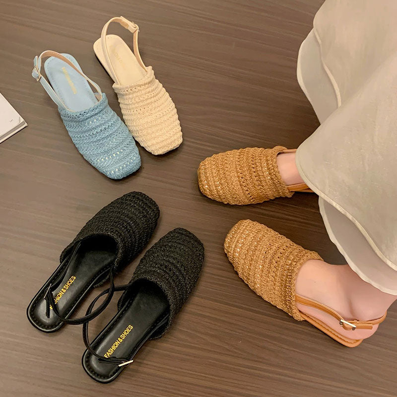 編みスクエアトゥバックストラップフラットサンダル｜通気性ナチュラルシューズ｜ブラウンの商品イメージ