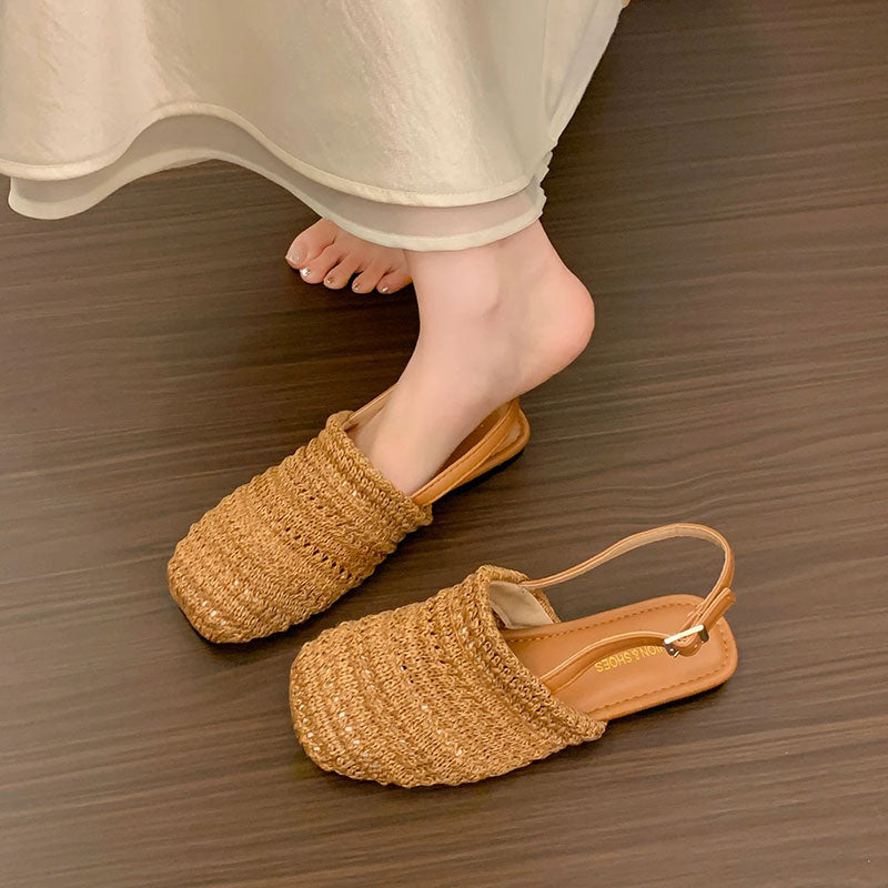 編みスクエアトゥバックストラップフラットサンダル｜通気性ナチュラルシューズ｜ブラックの商品イメージ