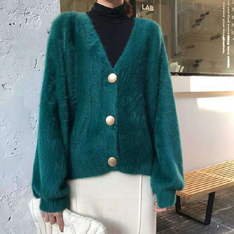 手触り良く暖かい無地Ⅴネックニットアウター｜ピンクの商品イメージ