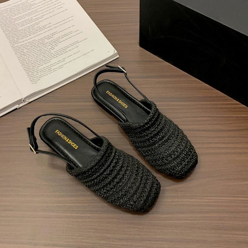 編みスクエアトゥバックストラップフラットサンダル｜通気性ナチュラルシューズ｜ブルーの商品イメージ