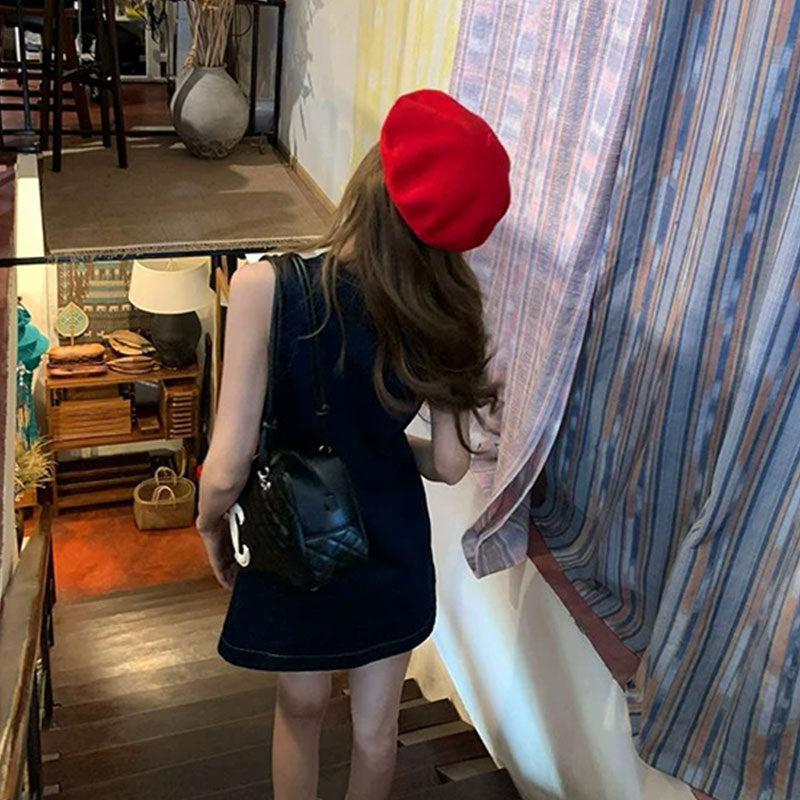 ノースリーブデニムミニワンピース｜前ボタンポケット付きジャンパースカート夏の商品イメージ