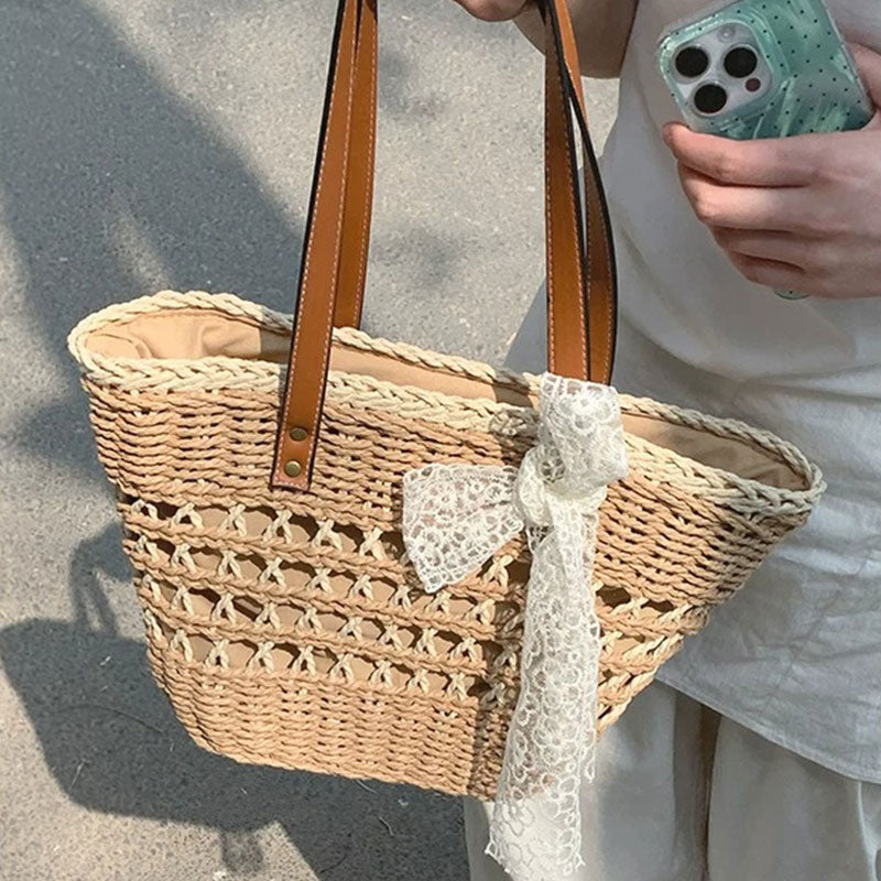 レースリボン付き草編みトート｜バッグ大容量カゴバッグショルダーバッグナチュラルビーチの商品イメージ