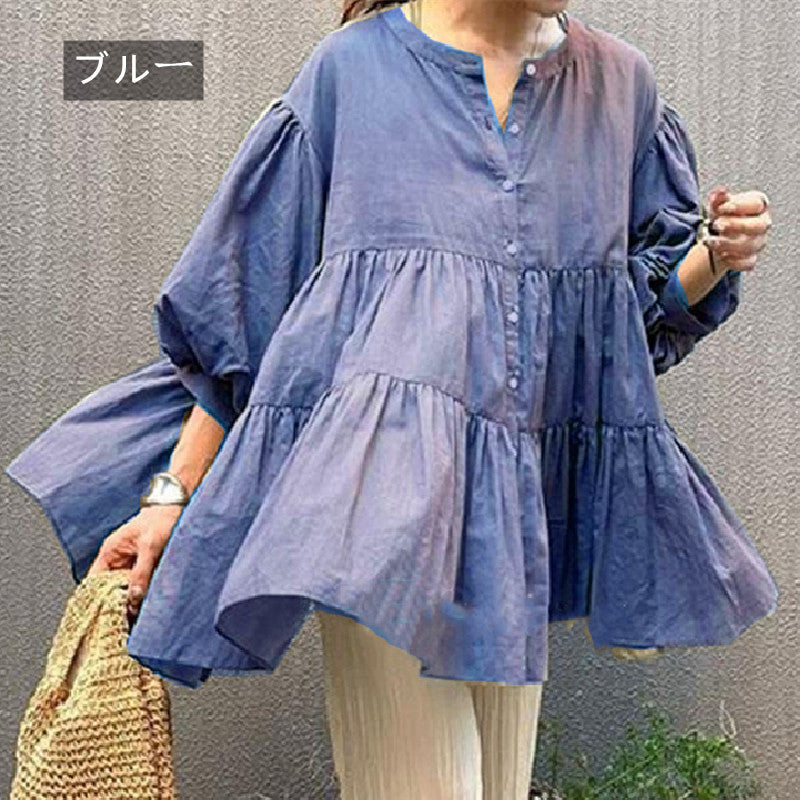 フリル裾パフスリーブブラウス｜トップス｜ブルーの商品イメージ