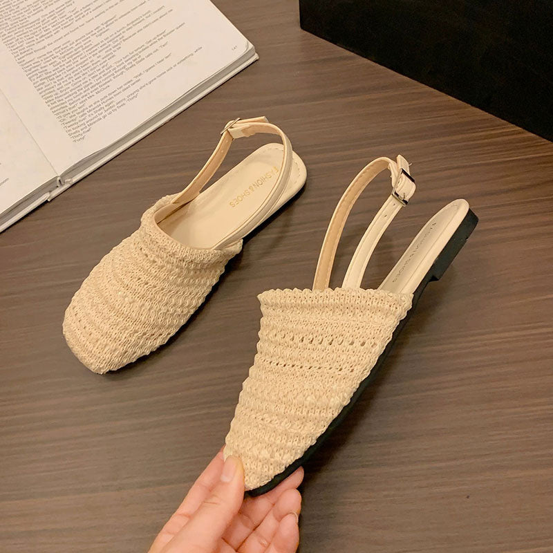 編みスクエアトゥバックストラップフラットサンダル｜通気性ナチュラルシューズ｜ブルーの商品イメージ