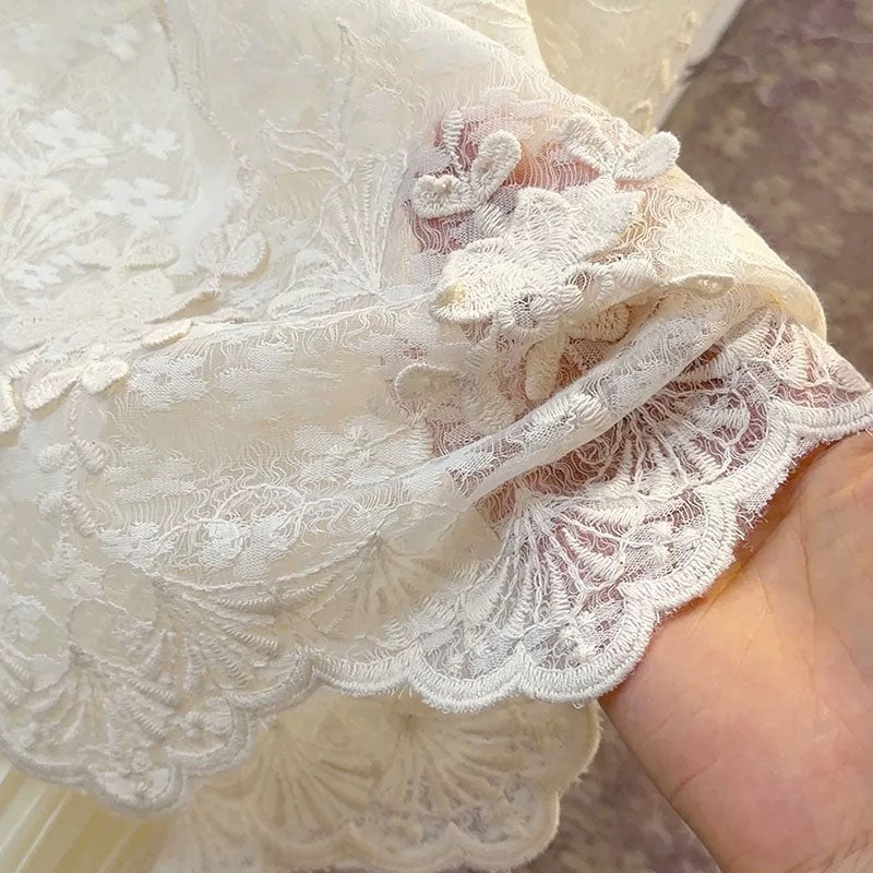 立体花レースノースリーブワンピース｜重ね風ネクタイ付きプリーツレイヤードロングドレスフェミニン2カラーの商品イメージ