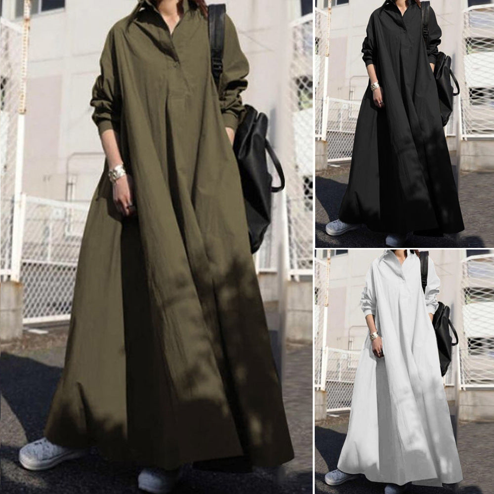 大振り女性ファッション無地長袖ロングシャツワンピース｜グリーンの商品イメージ