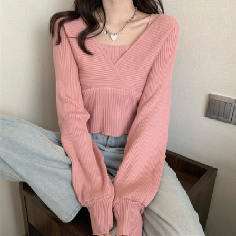 無地Vネック長袖切り替えニット｜トップス｜ピンクの商品イメージ