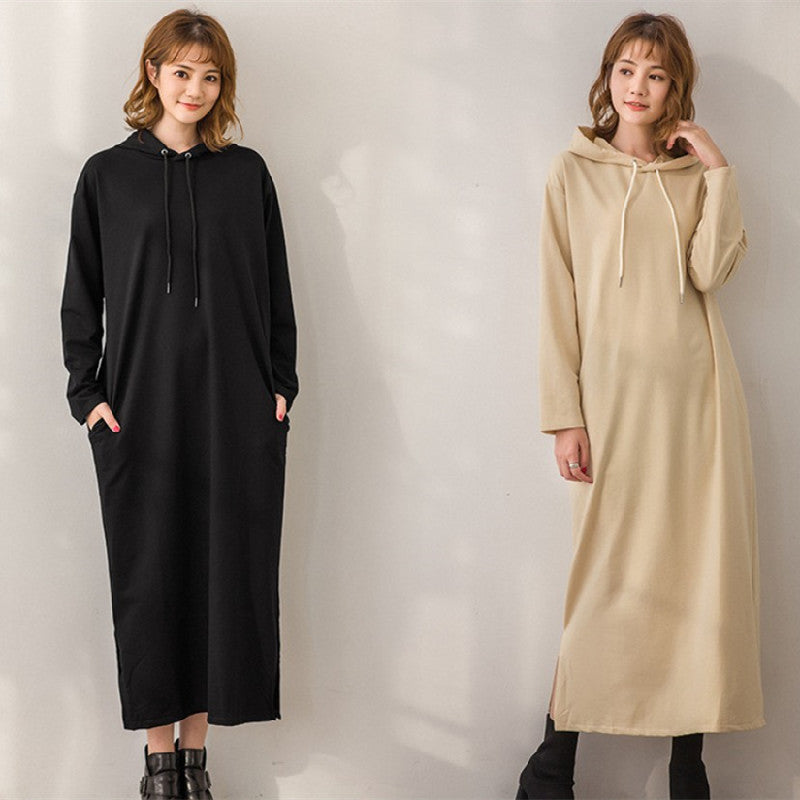 無地フード付きロングワンピース｜カーキの商品イメージ
