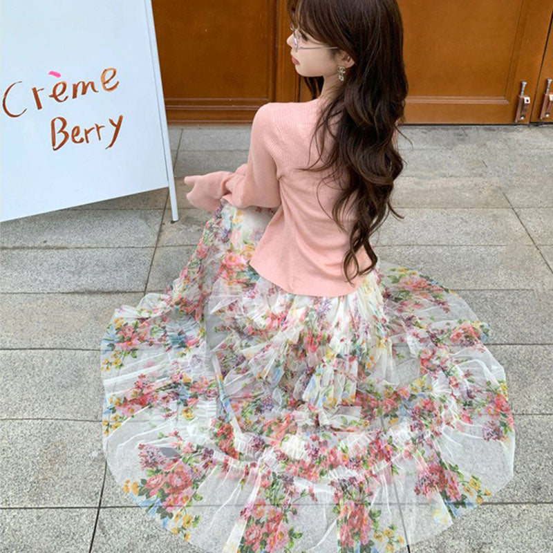花柄チュールフリルロングスカート｜ハイウエストマキシ丈の商品イメージ