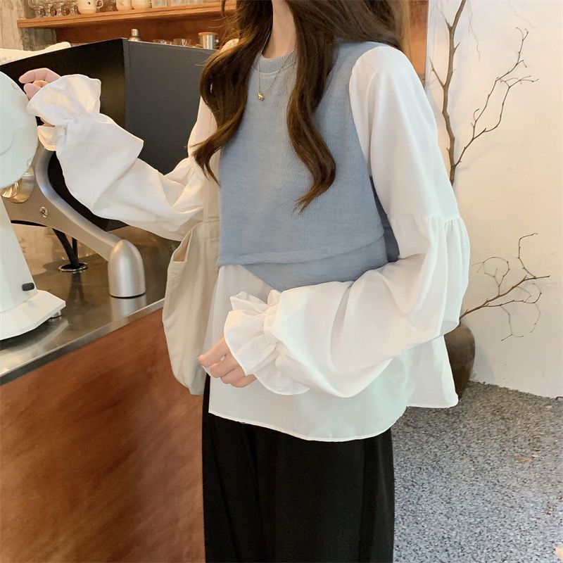 フラウンススリーブフリル裾切替ブラウス｜トップス｜グレーの商品イメージ