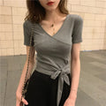 カシュクールデザイン無地半袖Tシャツ｜ウエストリボントップス｜グレーの商品イメージ