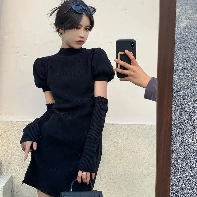 パフスリーブ半袖ニットワンピース｜アームウォーマーアームカバー付き指穴あり｜ピンクの商品イメージ