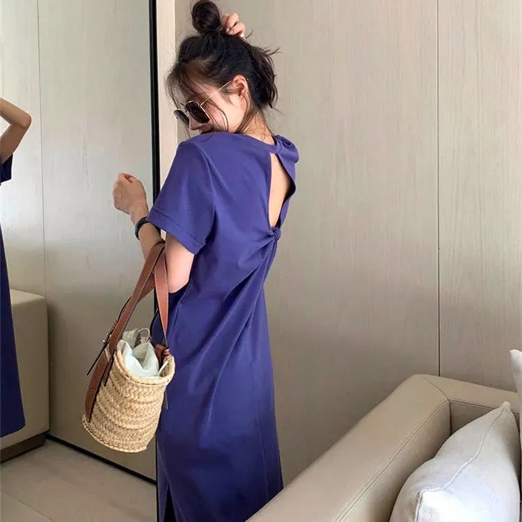後ろ開きデザイン半袖Tシャツワンピース｜ワンピース｜パープルの商品イメージ