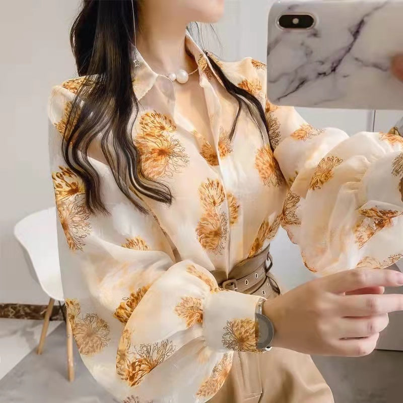 花柄シフォン長袖ランタンスリーブファッションシャツ｜ブラウストップス｜イエローの商品イメージ
