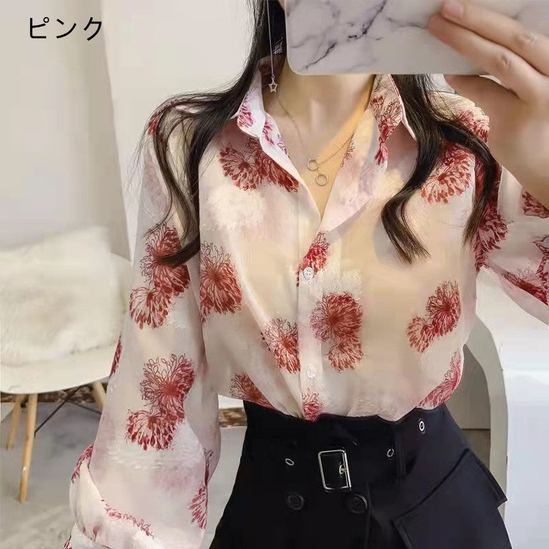 花柄シフォン長袖ランタンスリーブファッションシャツ｜ブラウストップス｜ブラックの商品イメージ