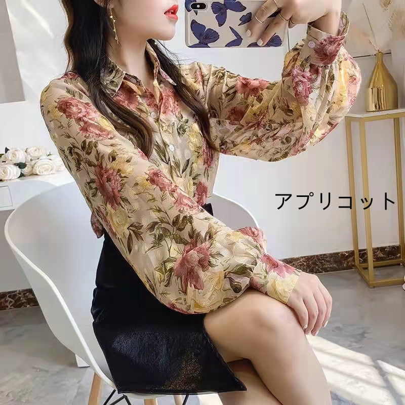 花柄シフォン長袖ランタンスリーブファッションシャツ｜ブラウストップス｜イエローの商品イメージ