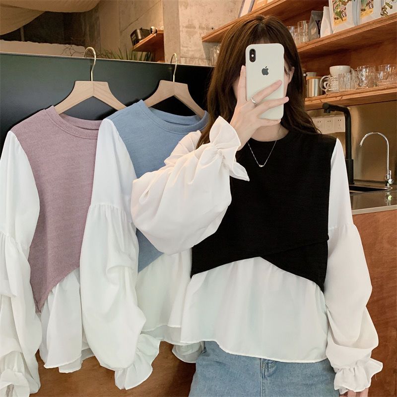 フラウンススリーブフリル裾切替ブラウス｜トップス｜ブラックの商品イメージ