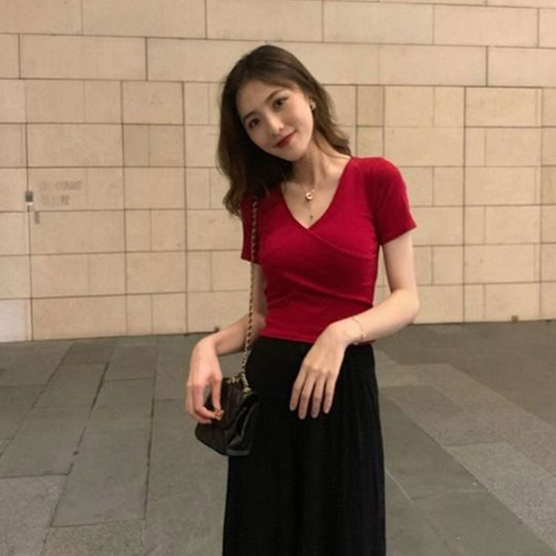 カシュクールデザイン無地半袖Tシャツ｜ウエストリボントップス｜ホワイトの商品イメージ