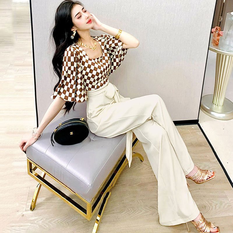 チェック柄切替フラウンススリーブハイウエストオールインワン｜ガウチョボウタイリボン｜アプリコットの商品イメージ